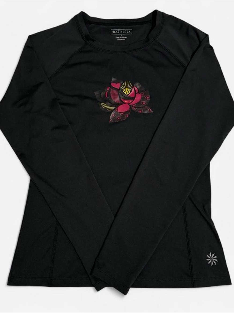 Athleta Black Long-Sleeve Tee with Pink Floral Chest Graphic